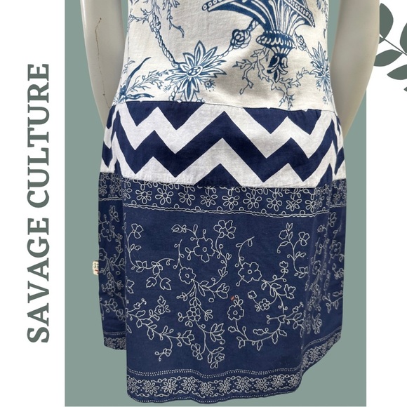 Savage Culture Sleeveless Summer Dress Blue White Mixed Pattern Size Medium - Picture 9 of 10
